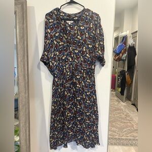 Tucker Blue Butterfly-Print Midi Dress with Red & Cream Accents